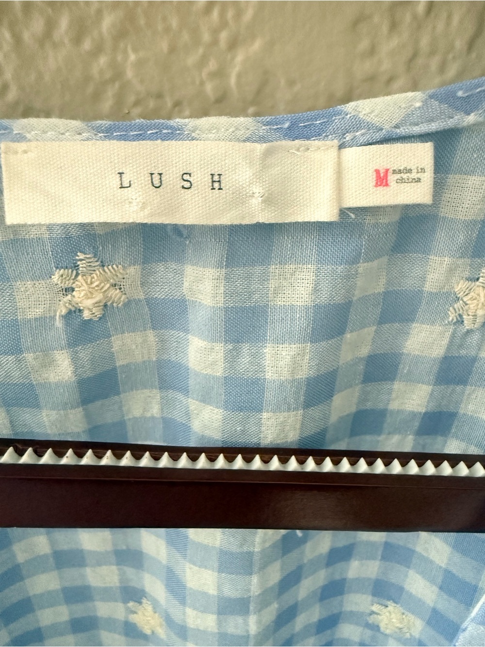 NWOT Lush Light Blue Gingham Tie-Front Peplum Blouse with White Embroidery M - Picture 7 of 9